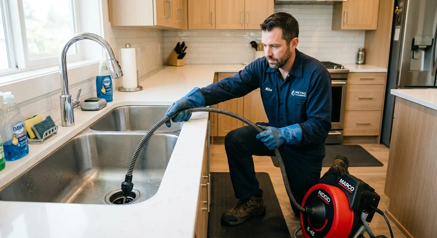 Drain cleaning technician using a motorized snake on a kitchen sink in Temple Terrace