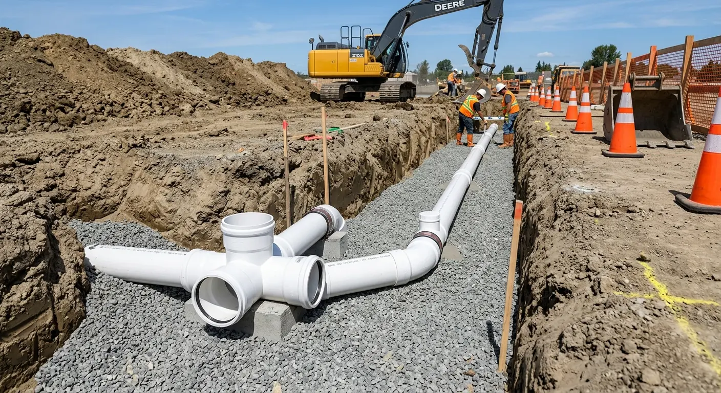 New PVC sewer pipe installation in open trench for Grease Trap Cleaning in Temple Terrace