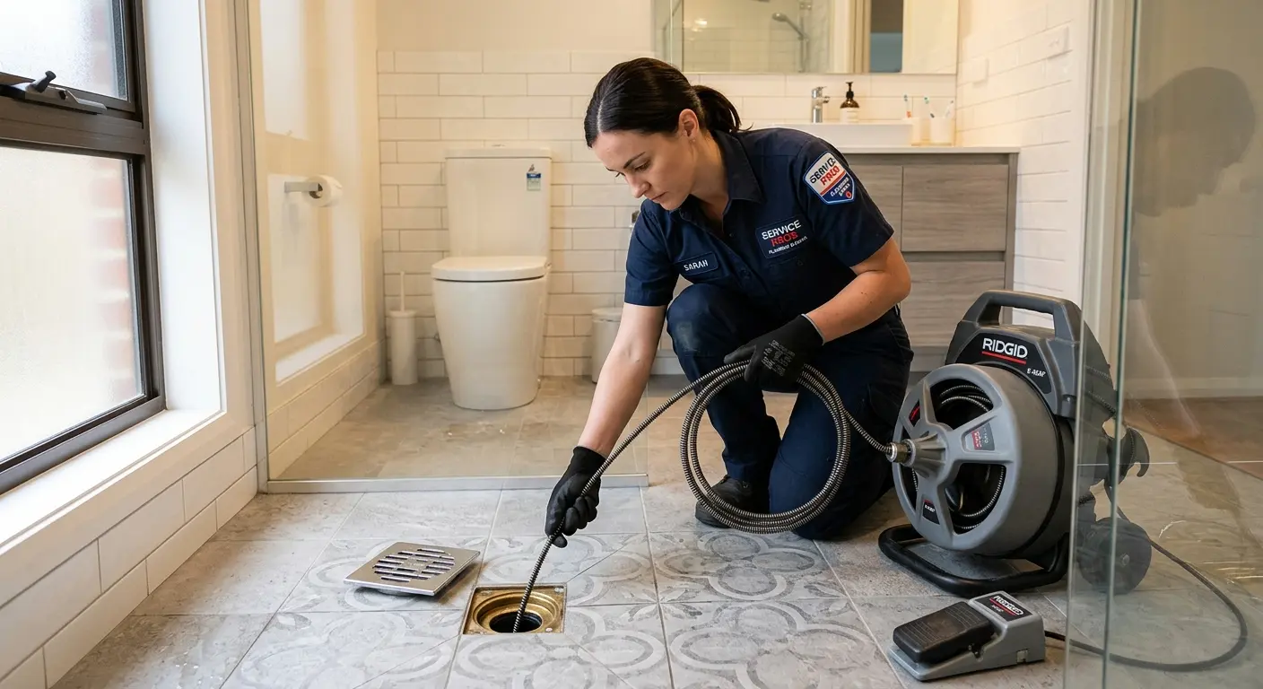 Technician clearing a bathroom floor drain for Sewer Line Replacement in Temple Terrace